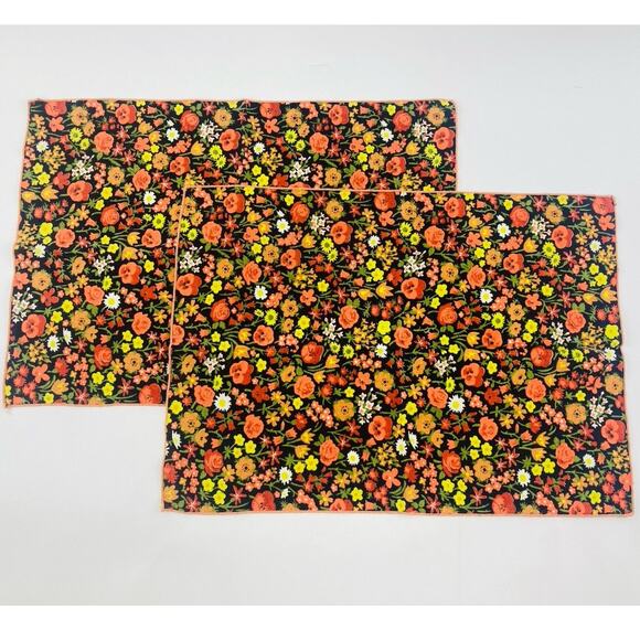 Vintage Napkins Hankies Set of 2 Printed Flower Power Orange Black Yellow 1960s - Picture 2 of 8